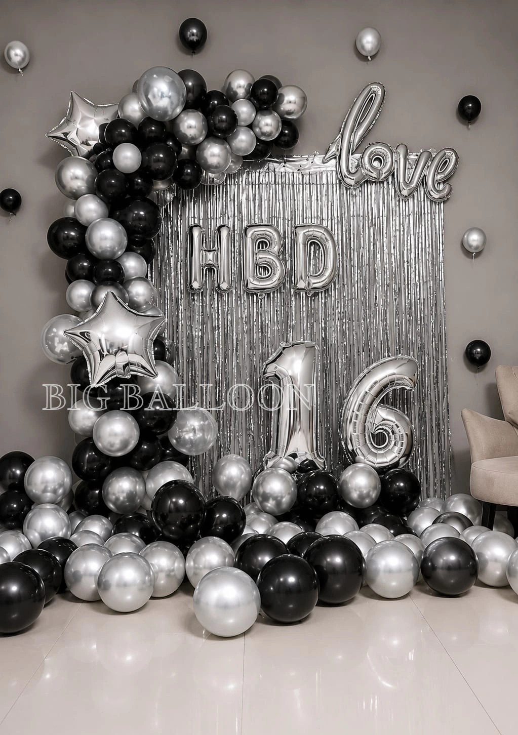 Classy Black & Silver Sweet 16 Birthday Setup - Premium Balloon Decoration in Delhi