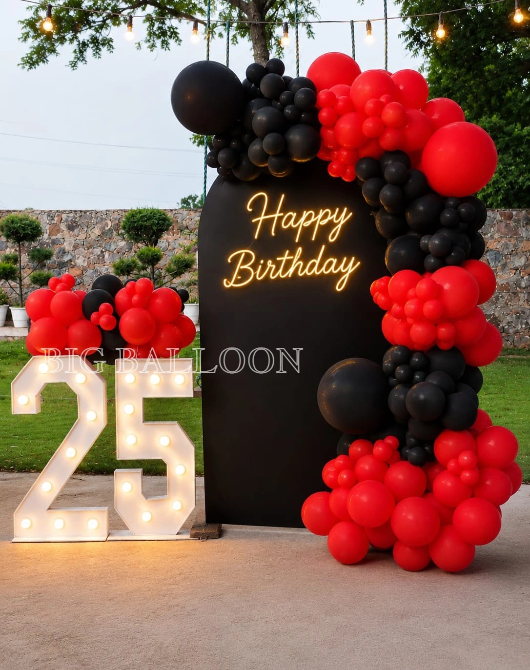 Red & Black Outdoor Neon 25th Birthday Arch - Premium Balloon Decoration in Delhi