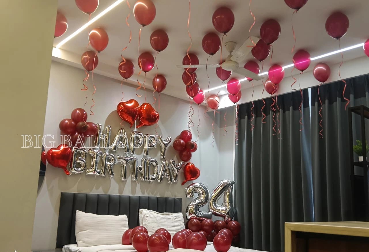 Romantic Red & Silver Bedroom Birthday Surprise - Premium Balloon Decoration in Delhi