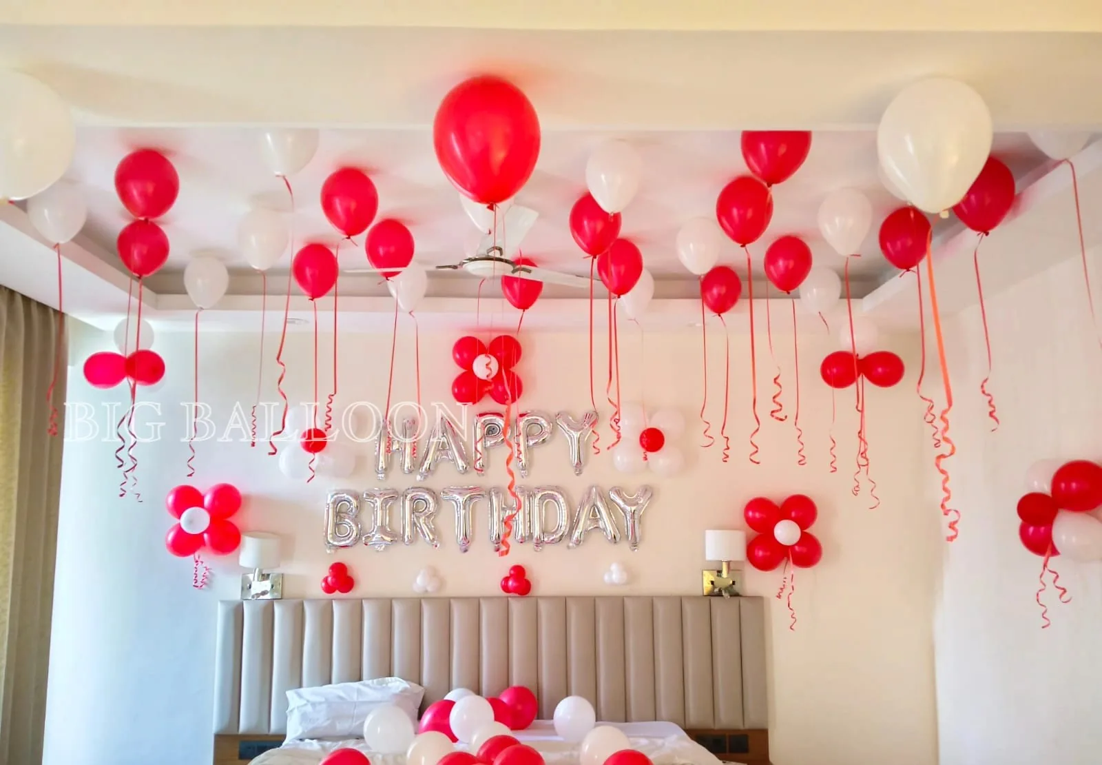 Vibrant Red & White Room Ceiling Birthday Decor - Premium Balloon Decoration in Gurugram