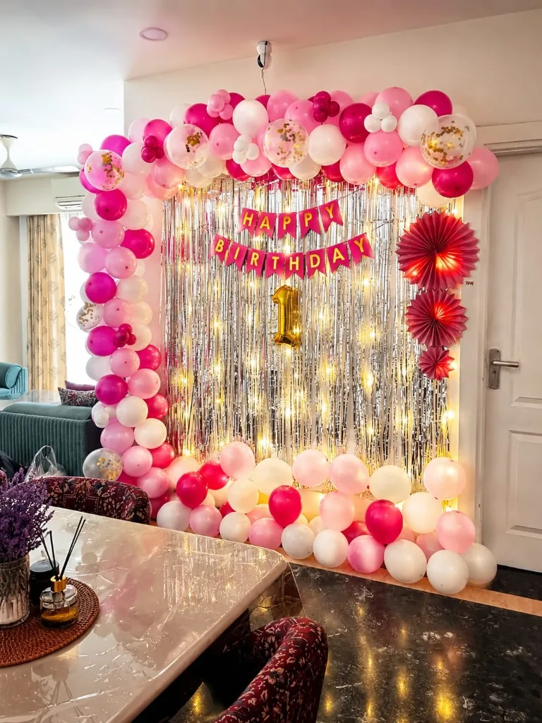 Enchanting Pink & Silver Shimmer 1st Birthday Arch Decor